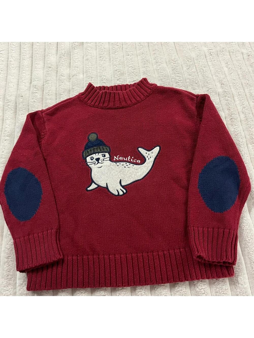 Nautica Red Sweater with Seal Motif With Blue Elbow Patches Boys Size 3